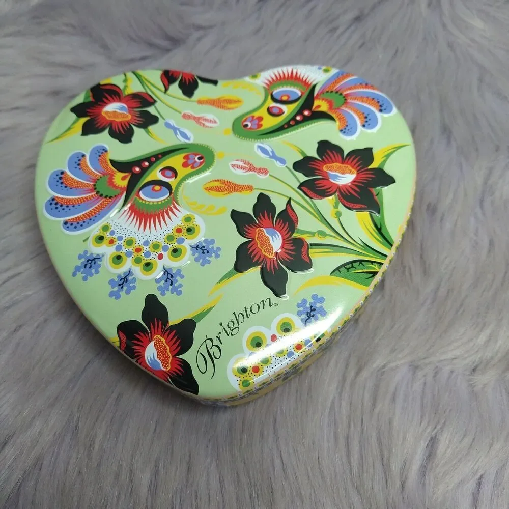 Brighton Peacock Floral Heart Shaped Tin Jewelry Box Trinket Dish Gift Box Decor